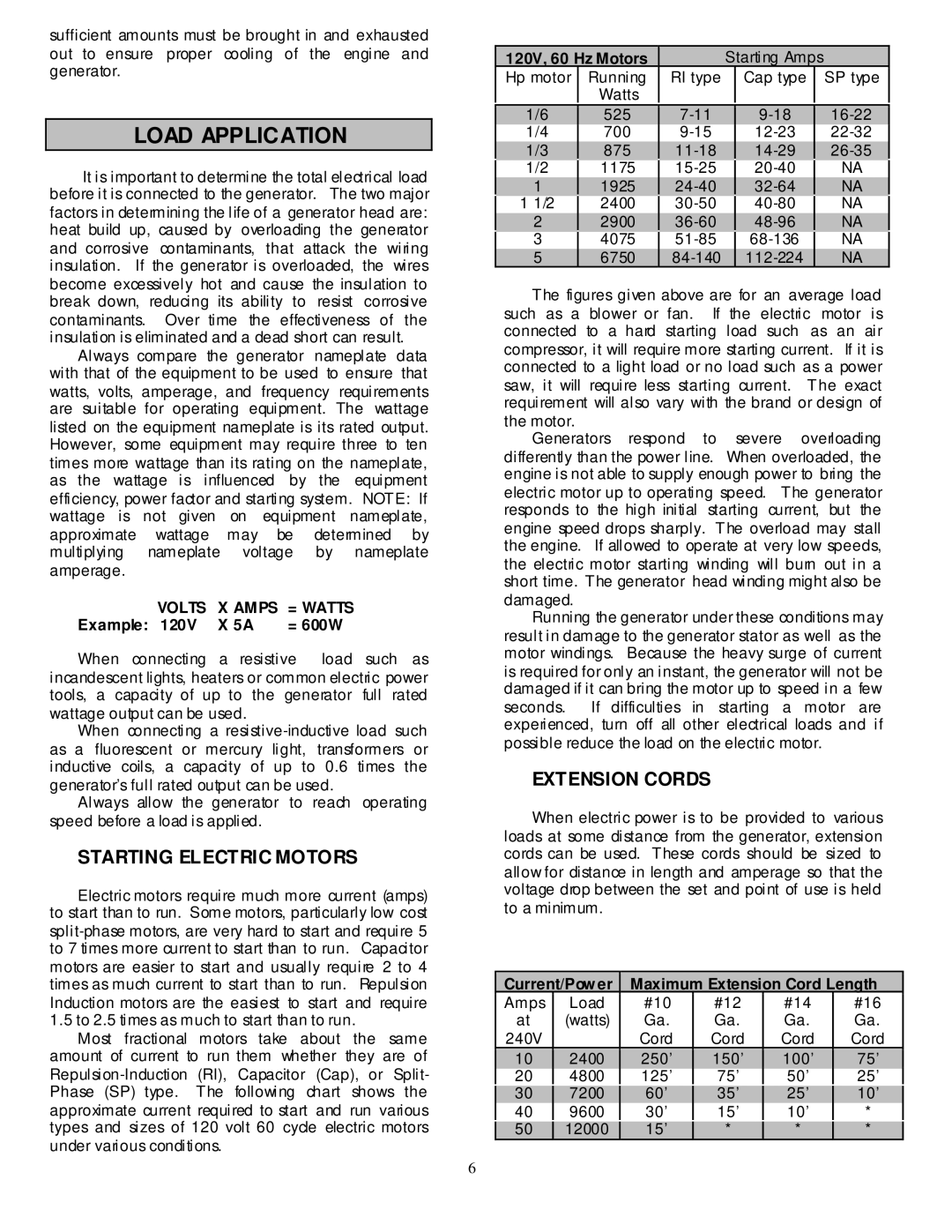 North Star 2900 owner manual Load Application, 120V, 60 Hz Motors, Example = 600W When connecting Resistive load such as 