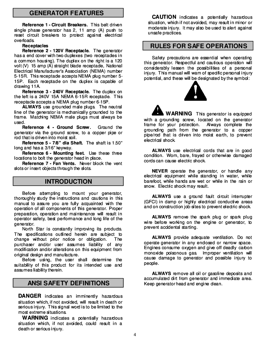North Star 2900 owner manual Generator Features, Introduction, Ansi Safety Definitions, Rules For Safe Operations 