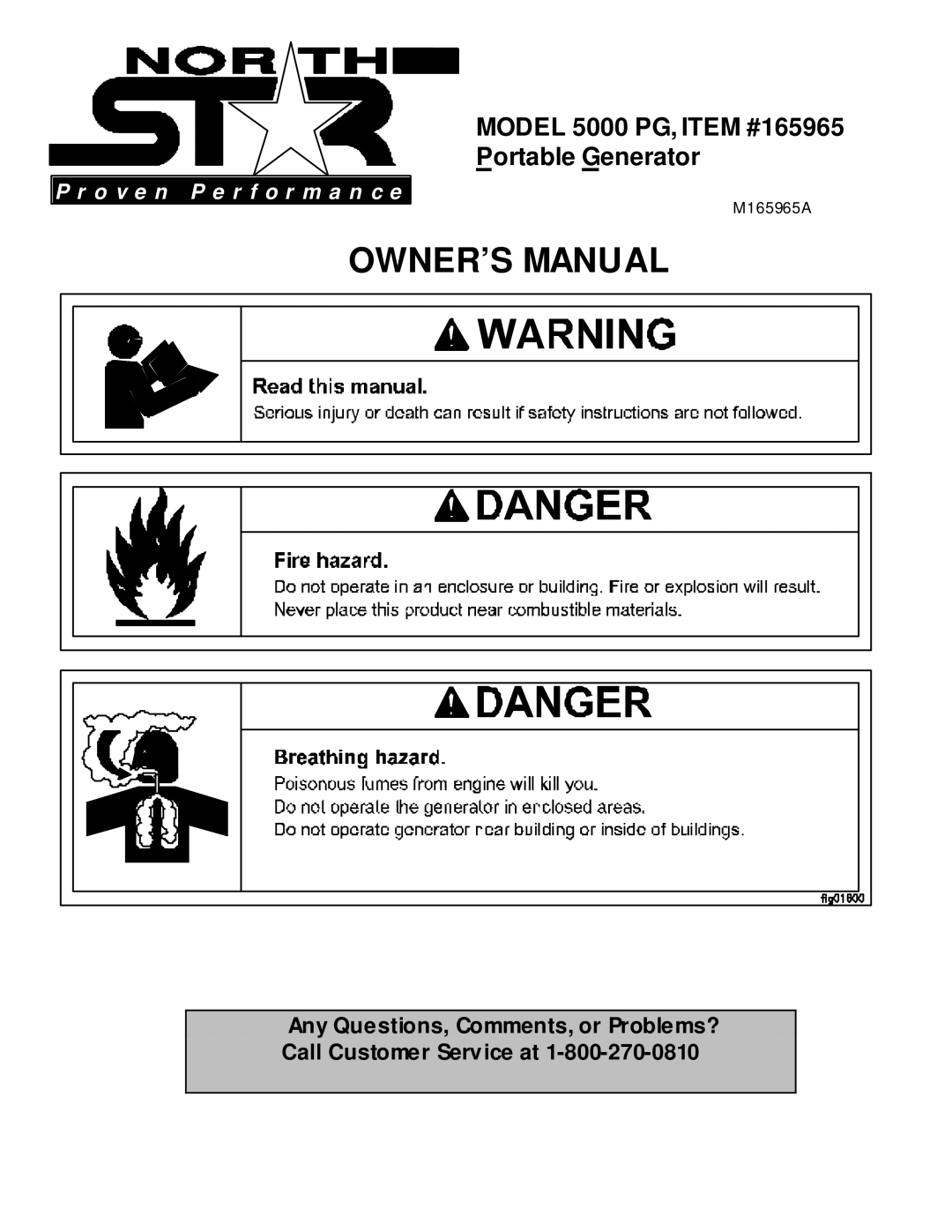 North Star owner manual Model 5000 PG, Item #165965 Portable Generator 