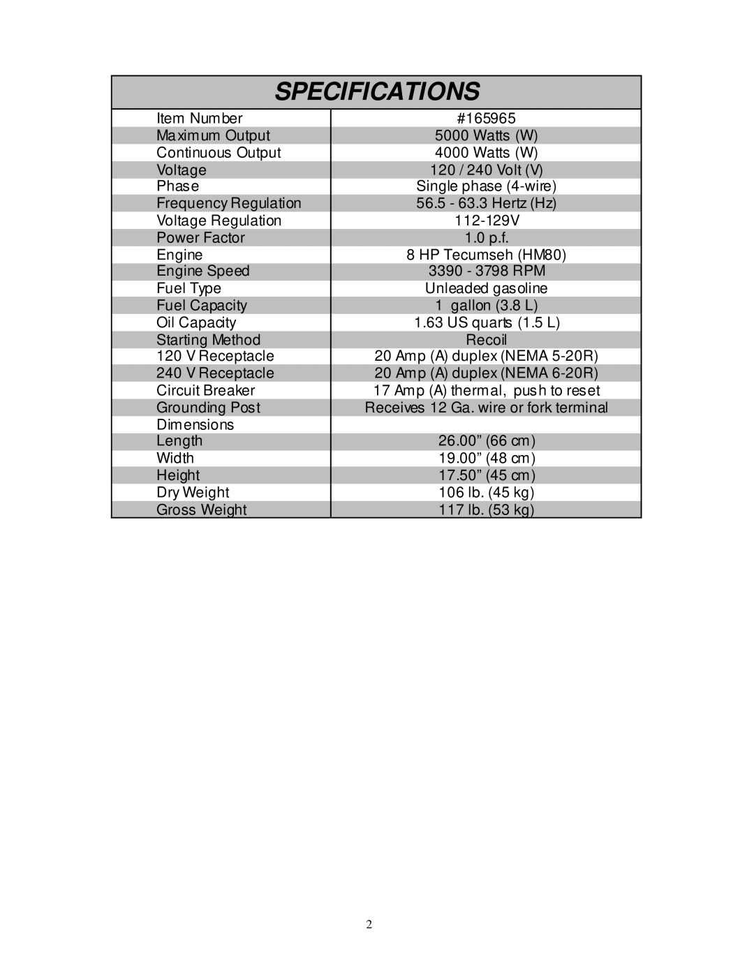 North Star 5000 PG owner manual Specifications 