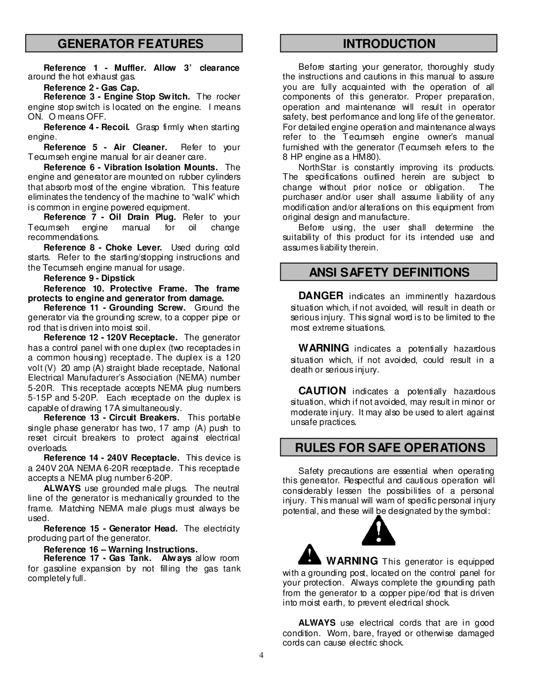 North Star 5000 PG owner manual Generator Features, Introduction, Ansi Safety Definitions Rules for Safe Operations 