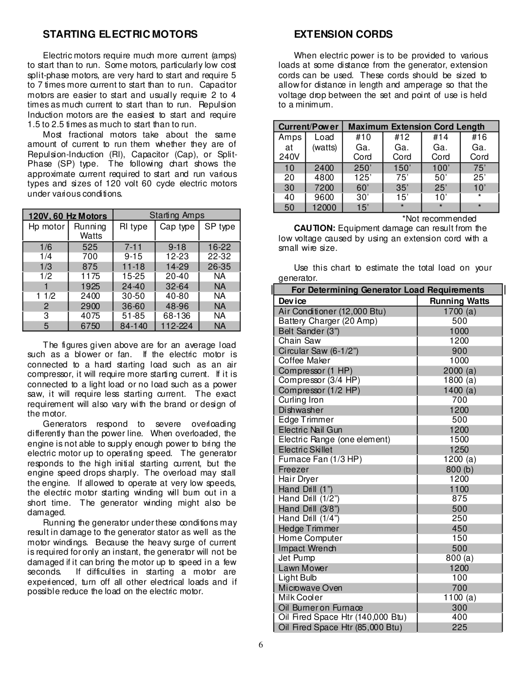 North Star 5000 PG owner manual 120V, 60 Hz Motors, Current/Power Maximum Extension Cord Length 
