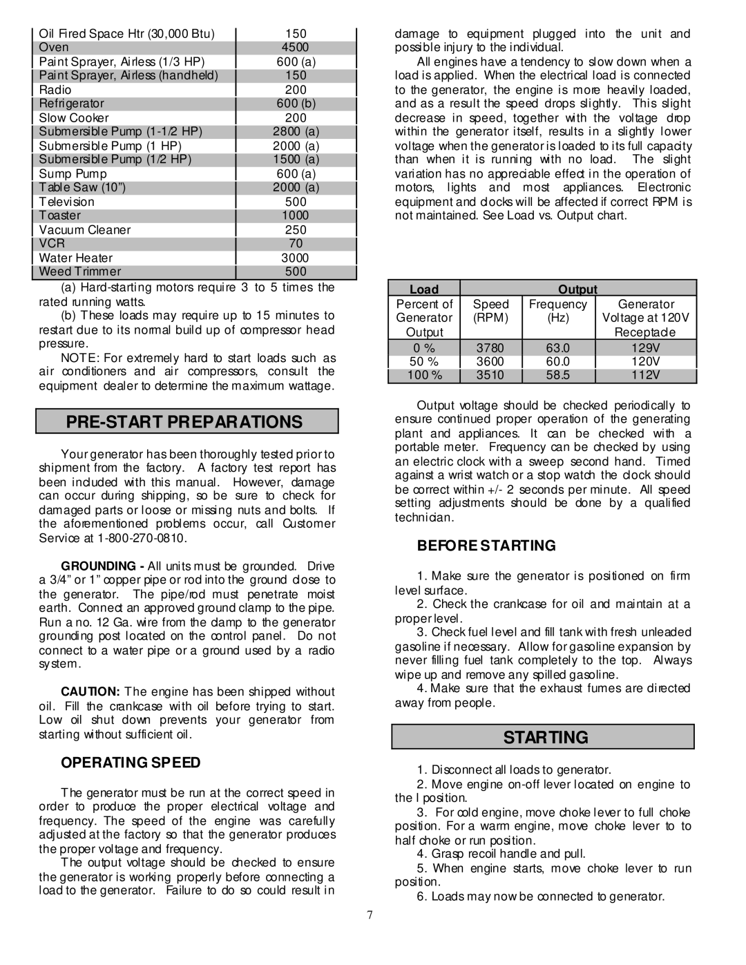 North Star 5000 PG owner manual PRE-START Preparations, Starting, Load Output 