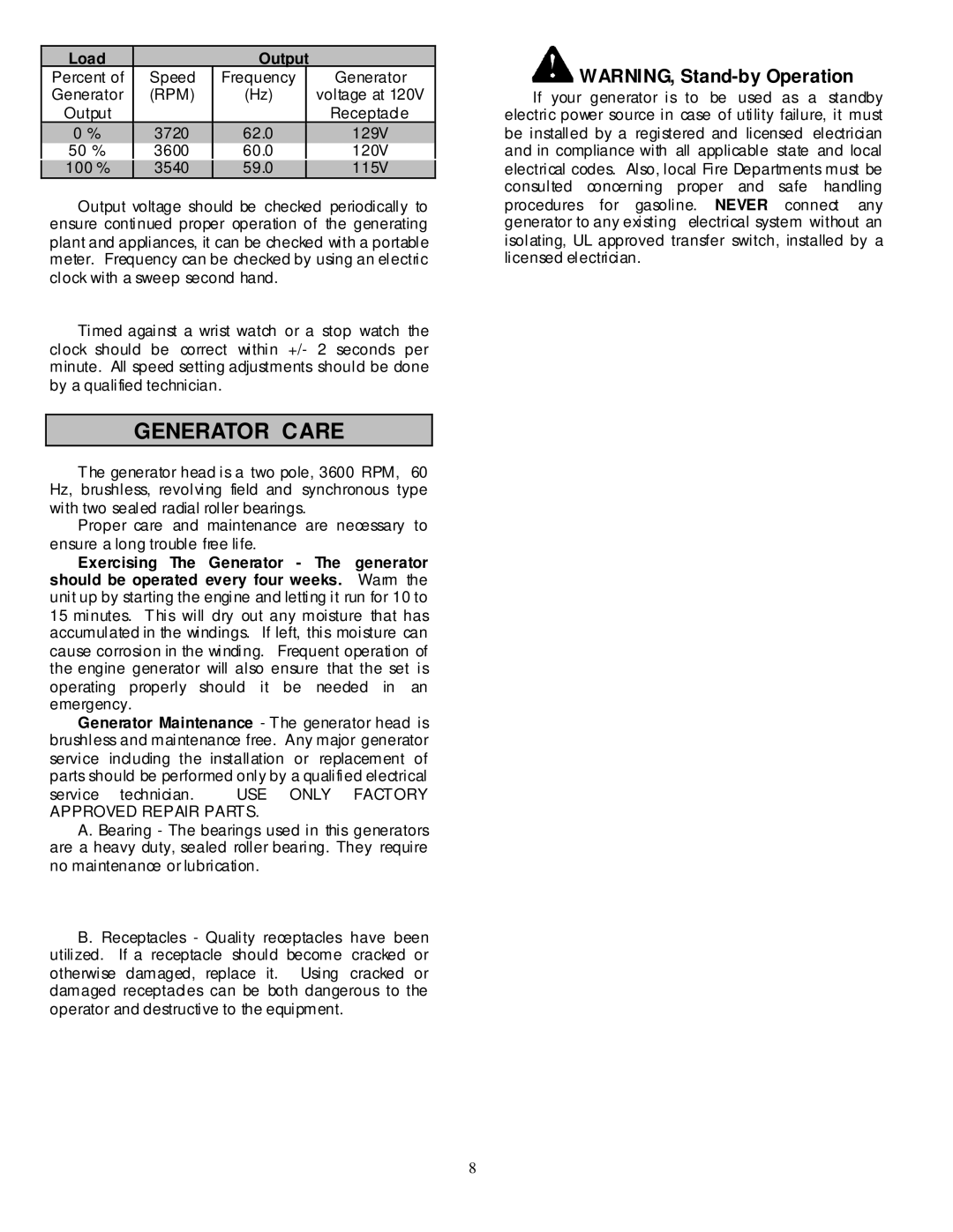 North Star 5500 BDG owner manual Generator Care, Load Output 