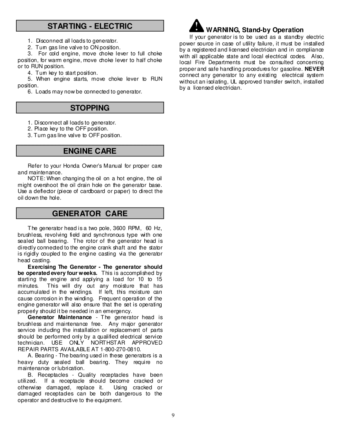 North Star 5500 IPG owner manual Starting Electric, Stopping, Engine Care Generator Care 