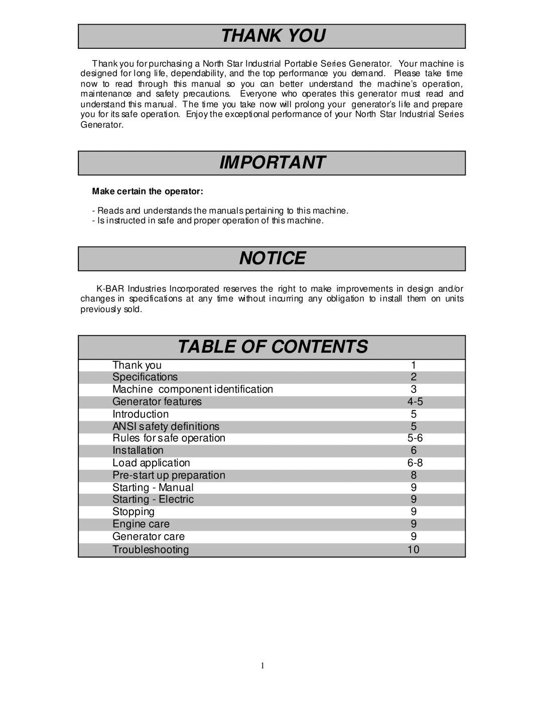 North Star 5500 IPG owner manual Thank YOU, Table of Contents 