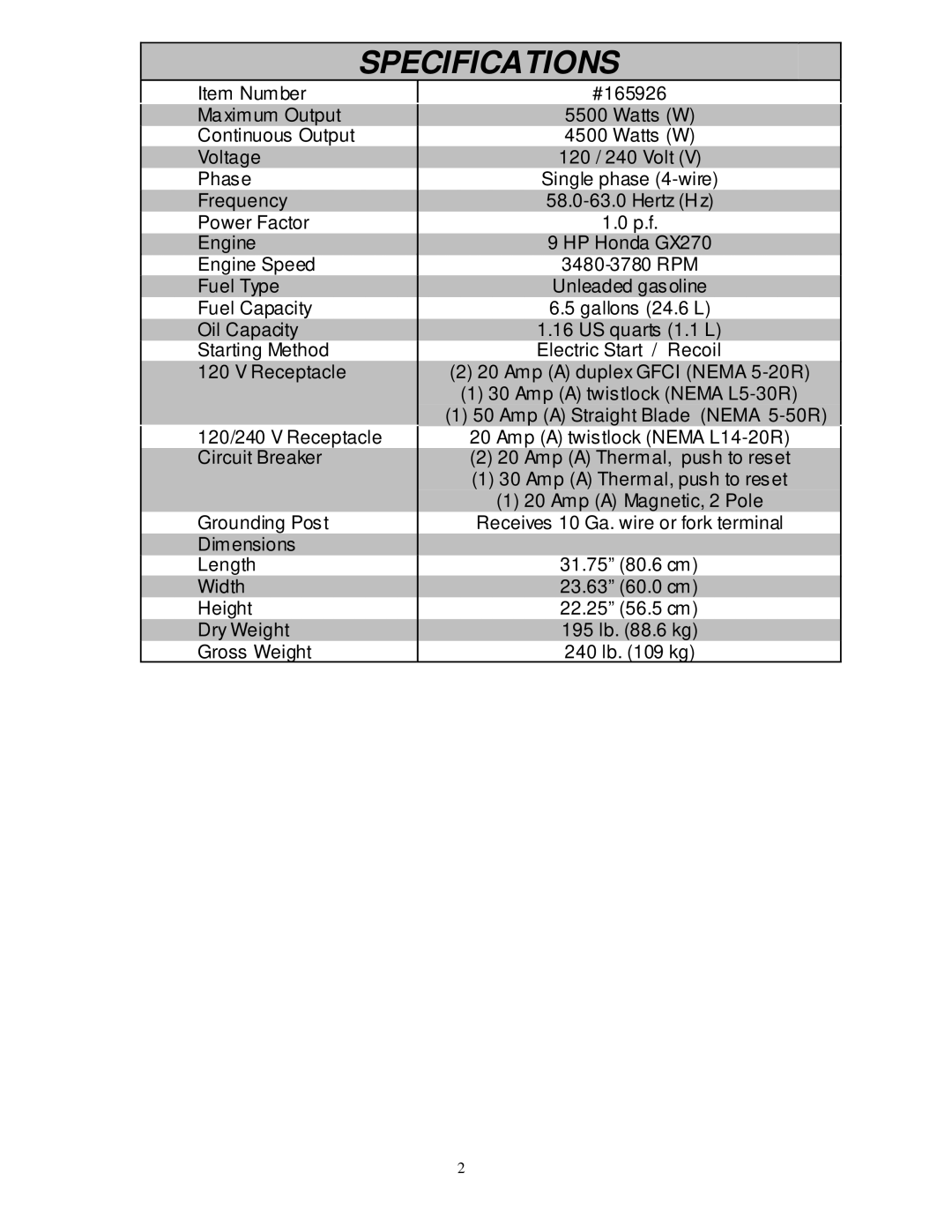 North Star 5500 IPG owner manual Specifications 