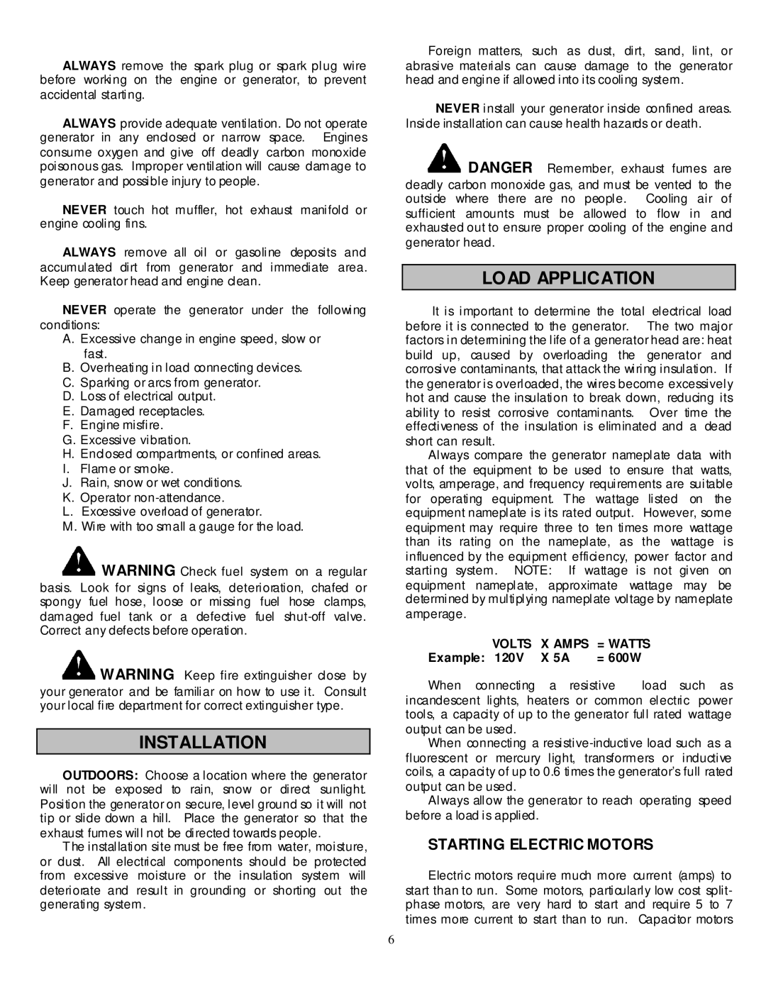 North Star 5500 IPG owner manual Installation, Load Application, Starting Electric Motors 