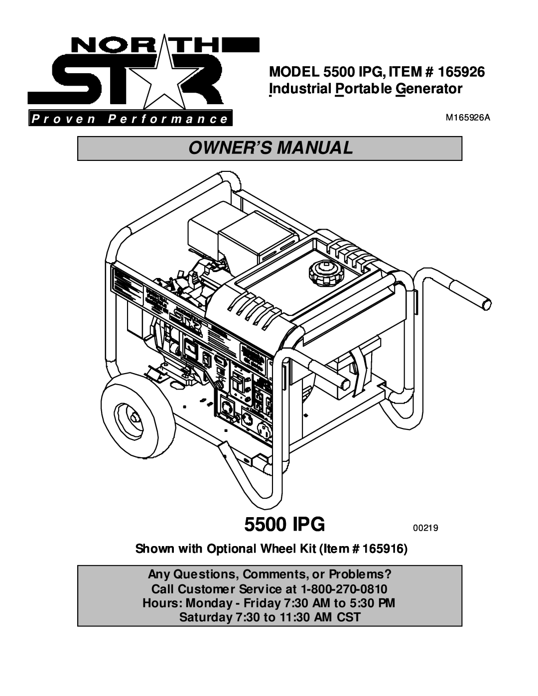 North Star 5500 IPG owner manual Shown with Optional Wheel Kit Item #, P r o v e n P e r f o r m a n c e 