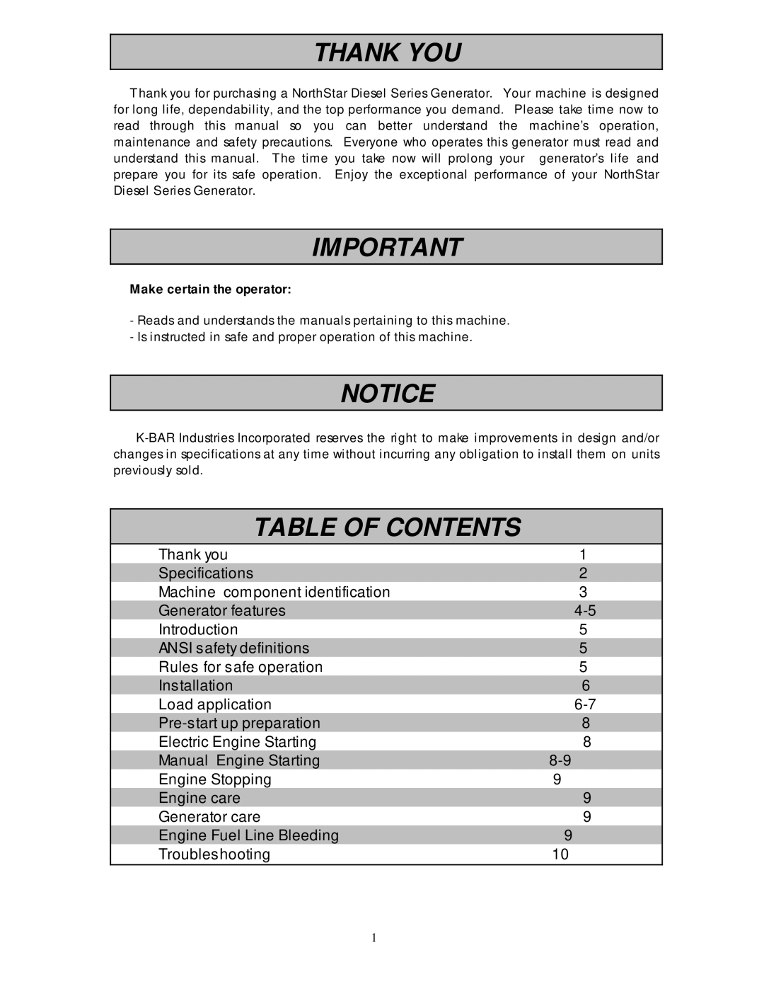 North Star 6500 DPG owner manual Thank YOU, Table of Contents 