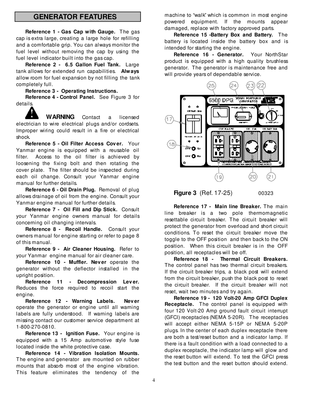 North Star 6500 DPG owner manual Generator Features, Reference 17 Main line Breaker. The main 