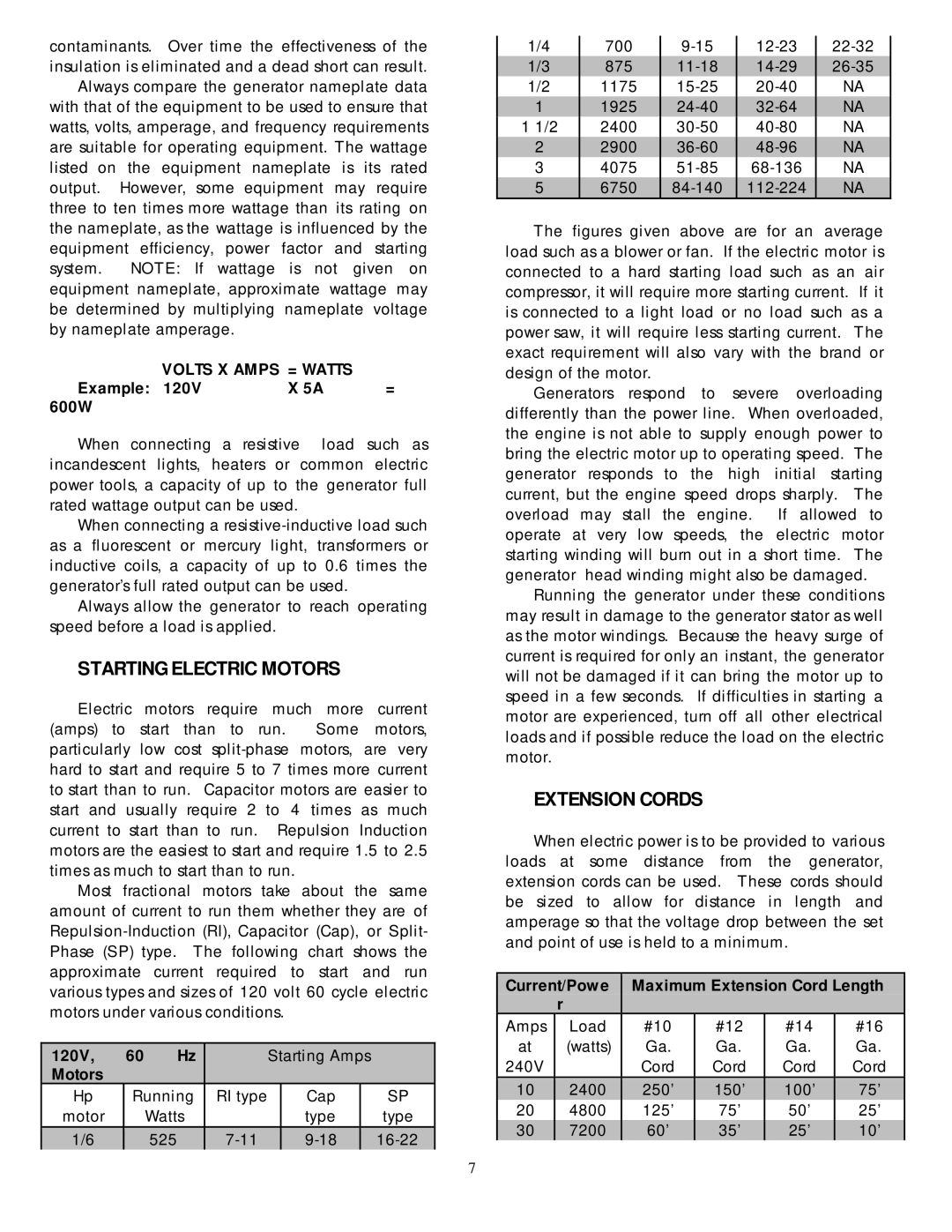 North Star 6500 DPG owner manual Starting Electric Motors, Extension Cords 