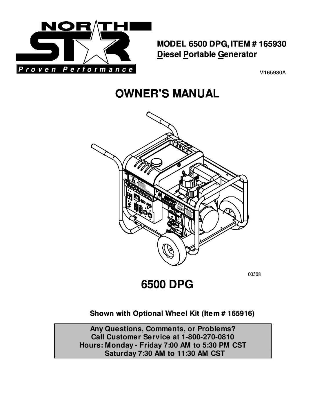 North Star 6500 DPG owner manual Shown with Optional Wheel Kit Item #, P r o v e n P e r f o r m a n c e, 00308 