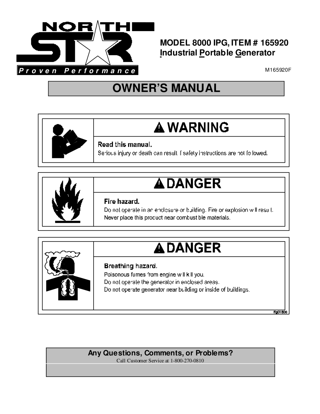 North Star owner manual Model 8000 IPG, Item # 165920 Industrial Portable Generator 