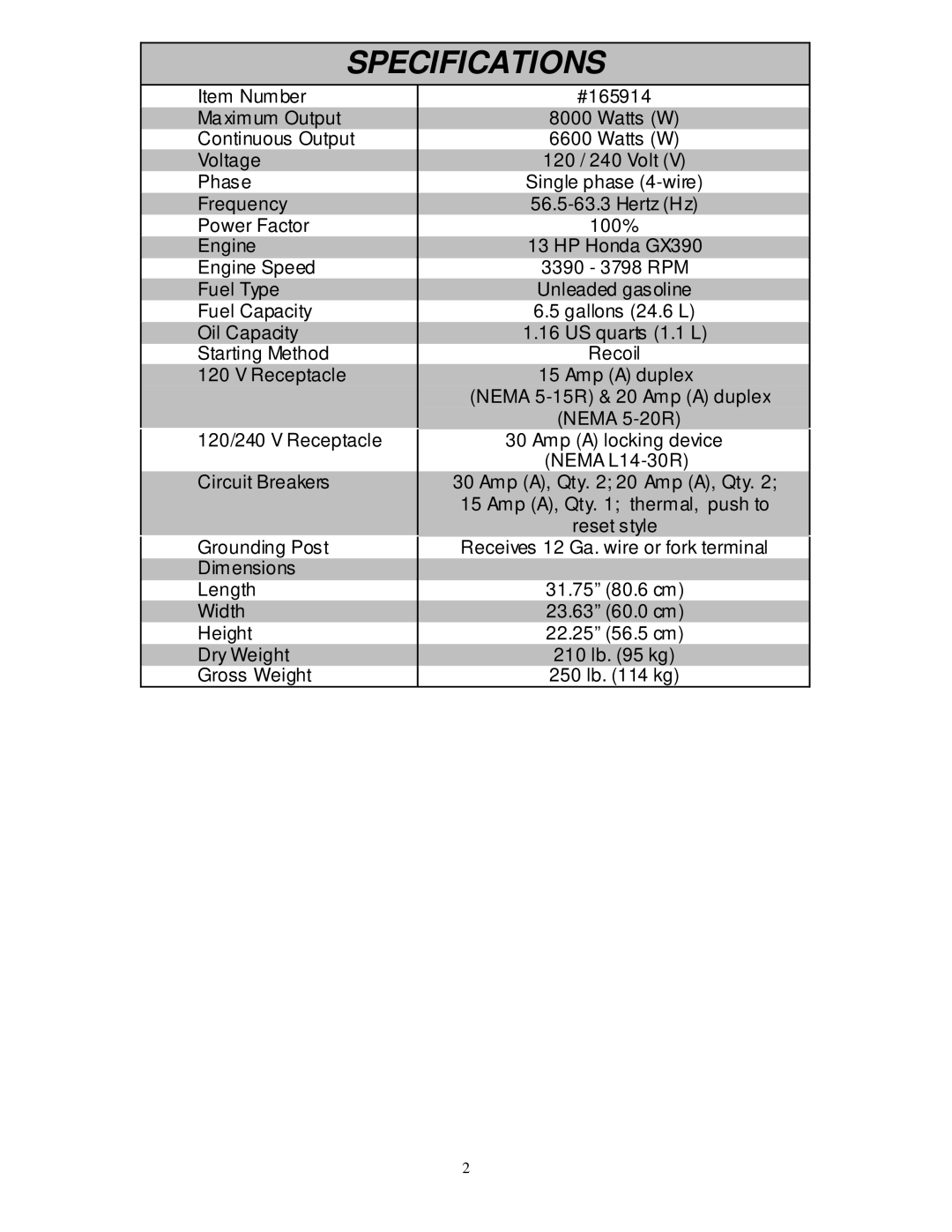 North Star 8000 PPG owner manual Specifications 