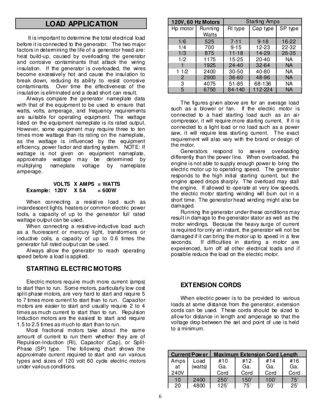 North Star 8000 PPG owner manual Load Application, Starting Electric Motors, Extension Cords 