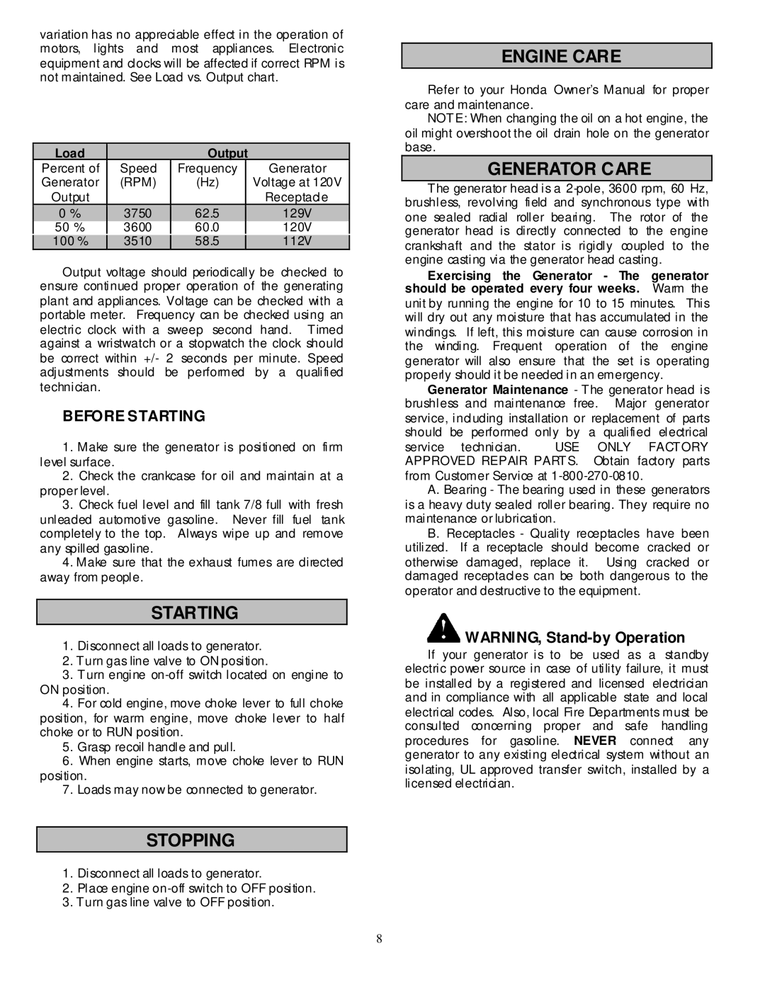 North Star 8000 PPG owner manual Stopping, Engine Care Generator Care, Before Starting, Load Output 