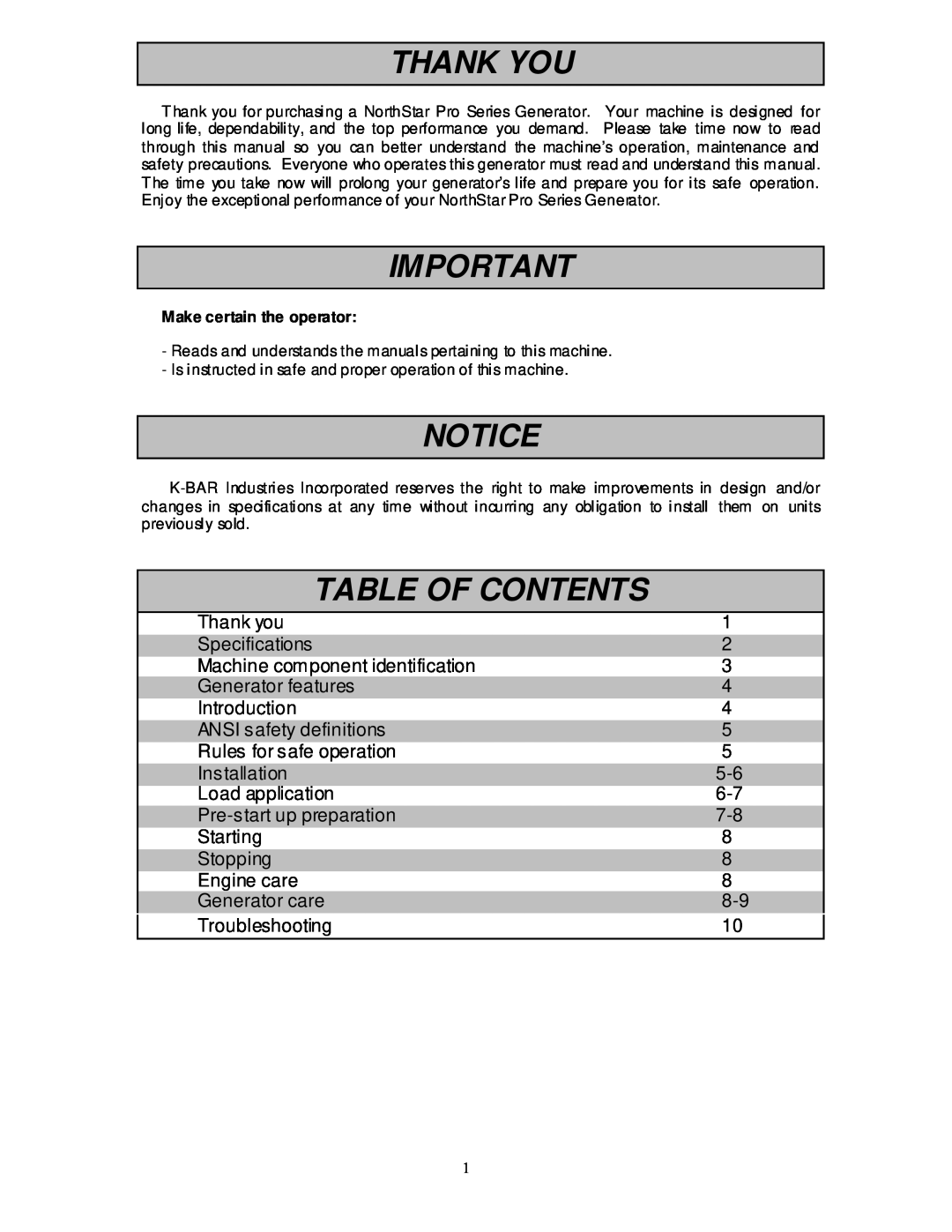 North Star 8000 PPG owner manual Thank You, Table Of Contents 