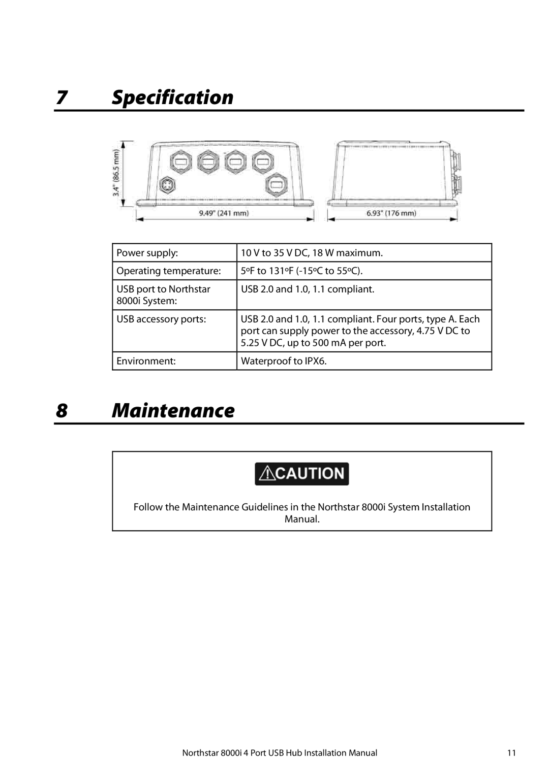 North Star 8000i installation manual Specification, Maintenance 