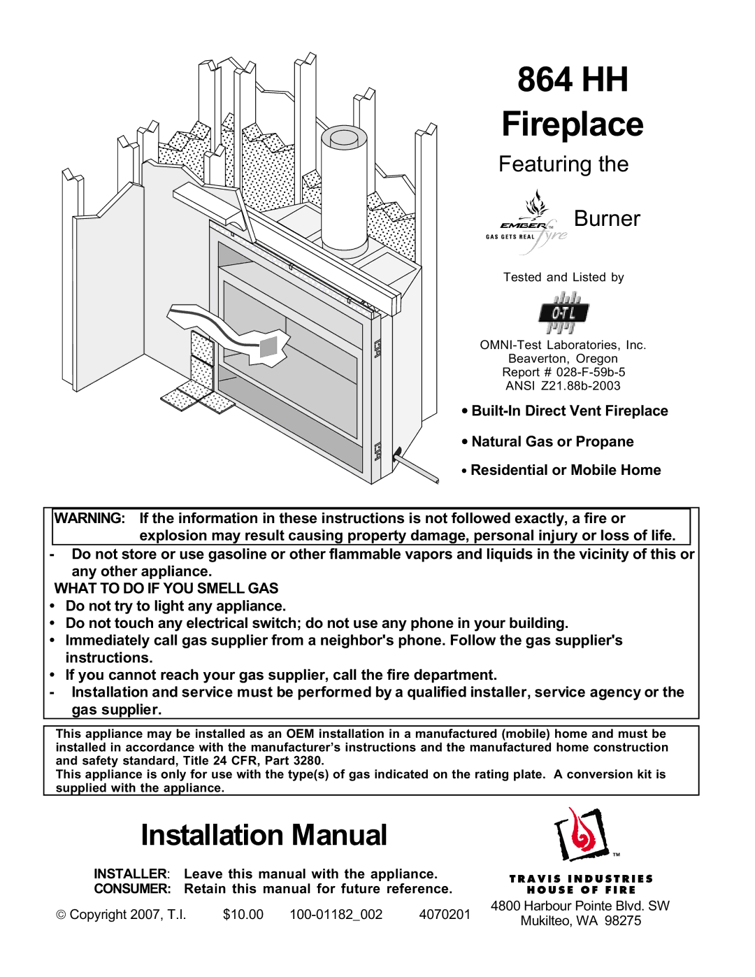 North Star 864 HH installation manual HH Fireplace 