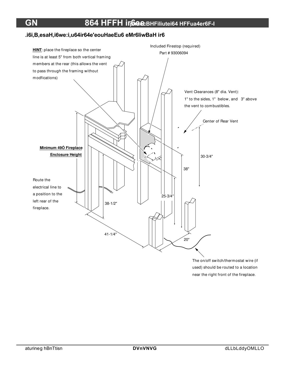 North Star 864 HH Minimum Framing Dimensions Rear Vent Configuration, Minimum 49 Fireplace Enclosure Height 