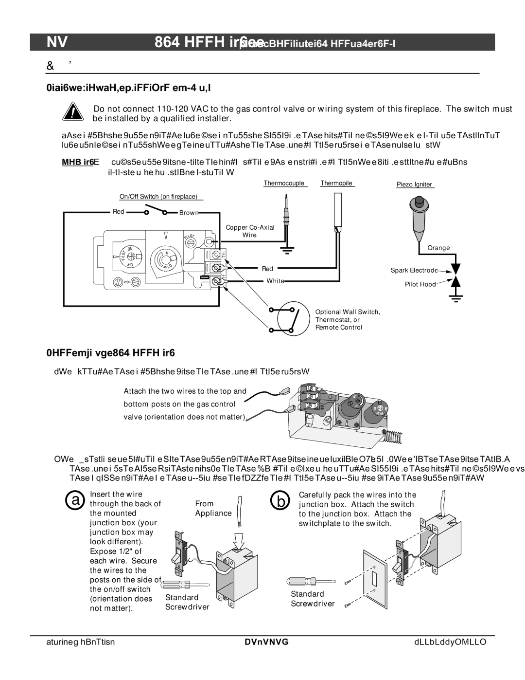 North Star 864 HH Wall Switch or Thermostat Installation, Wiring Diagram Millivolt System, Wall Switch Installation 