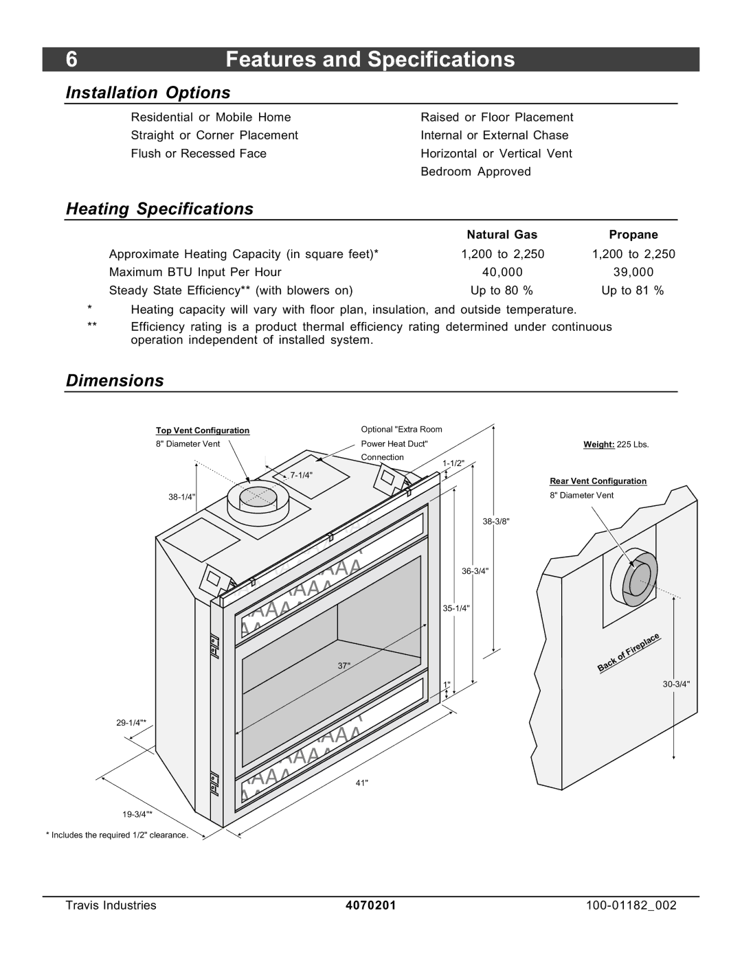 North Star 864 HH installation manual Installation Options, Heating Specifications, Dimensions 