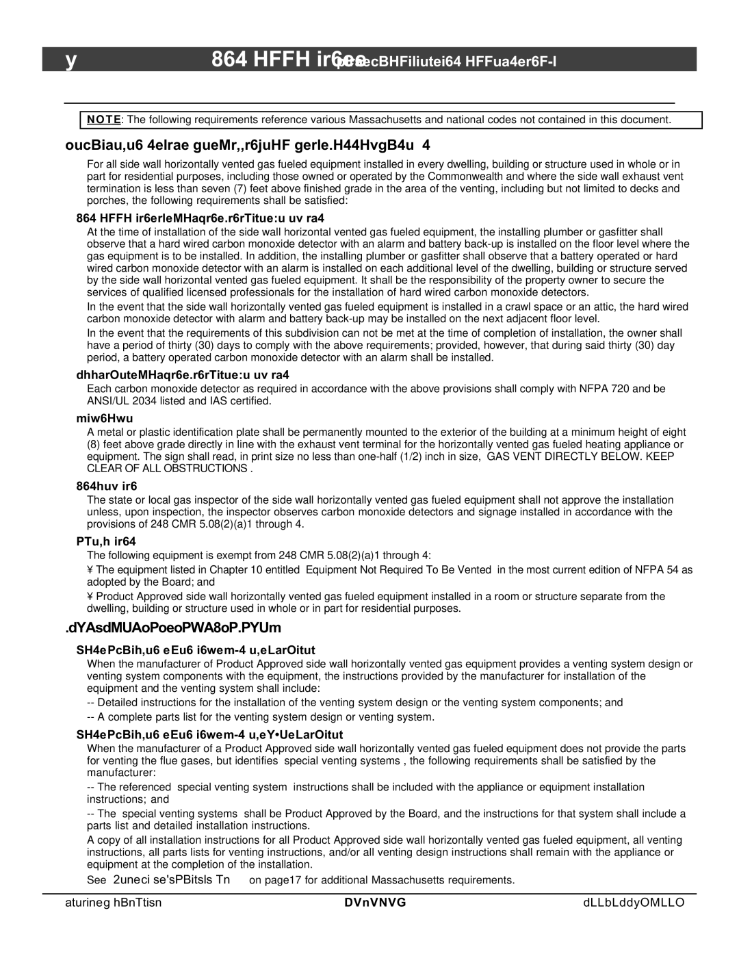 North Star 864 HH installation manual Massachusetts Requirements, Requirements for the Commonwealth of Massachusetts 