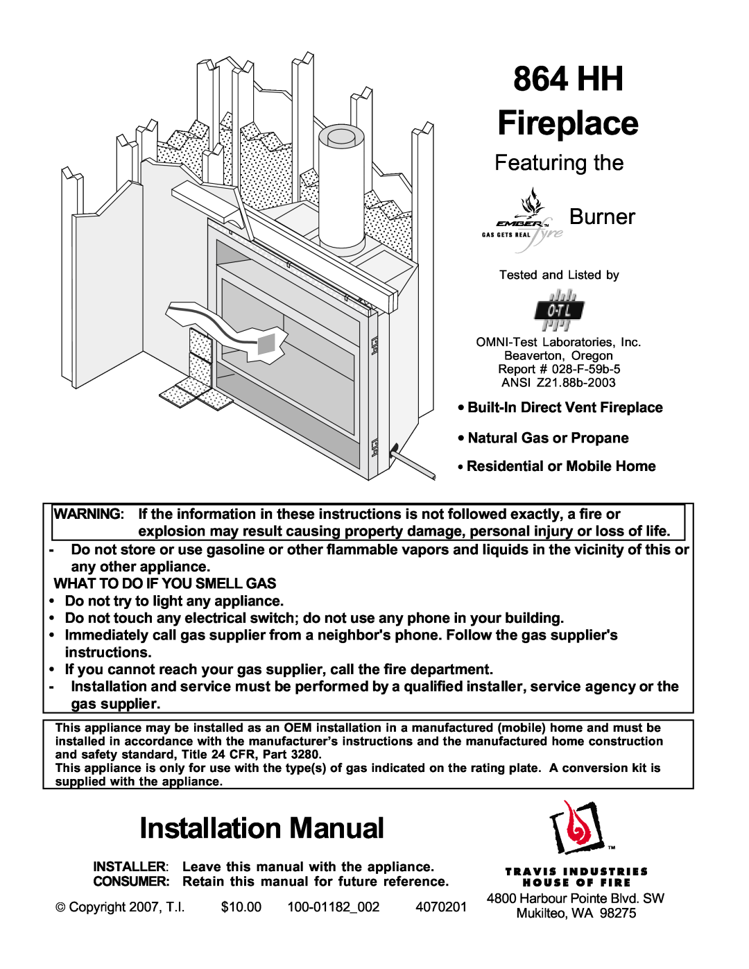 North Star 864 HH installation manual • Built-InDirect Vent Fireplace, • Natural Gas or Propane, HH Fireplace 