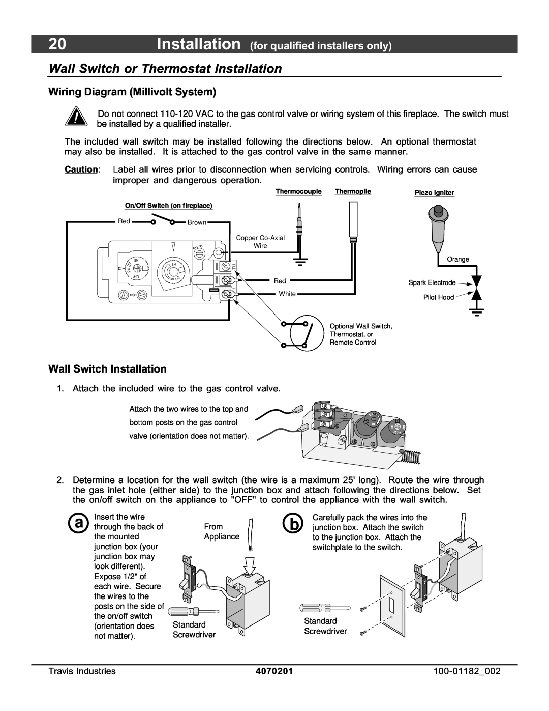 North Star 864 HH Wall Switch or Thermostat Installation, Wiring Diagram Millivolt System, Wall Switch Installation 
