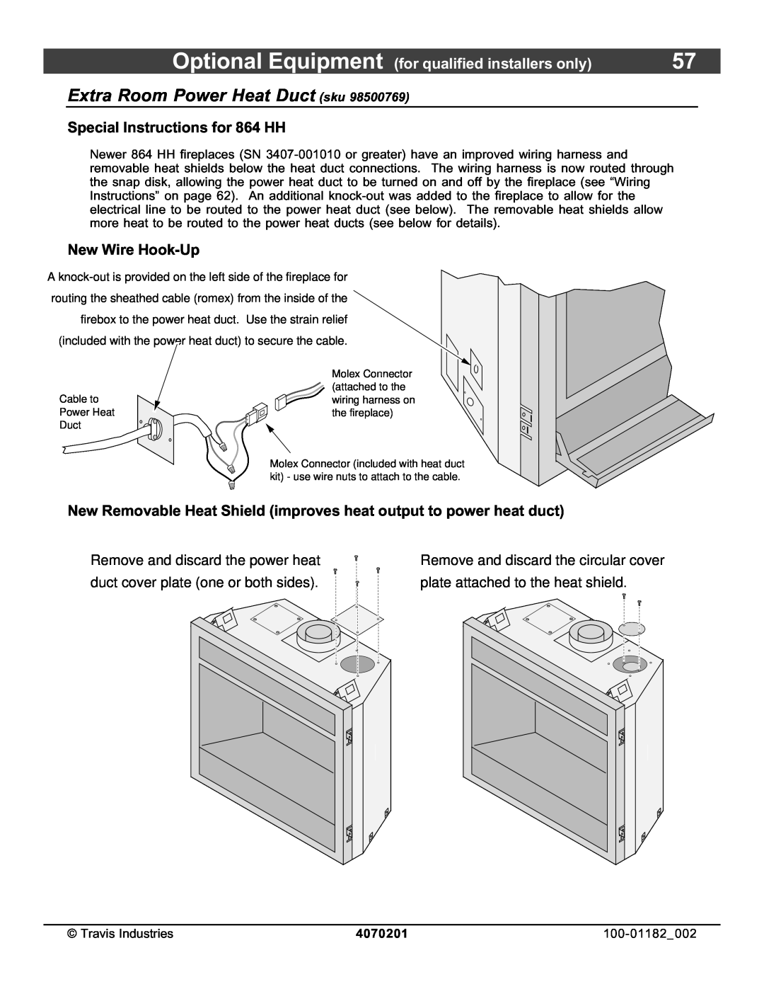 North Star Extra Room Power Heat Duct sku, Special Instructions for 864 HH, New Wire Hook-Up, 4070201 