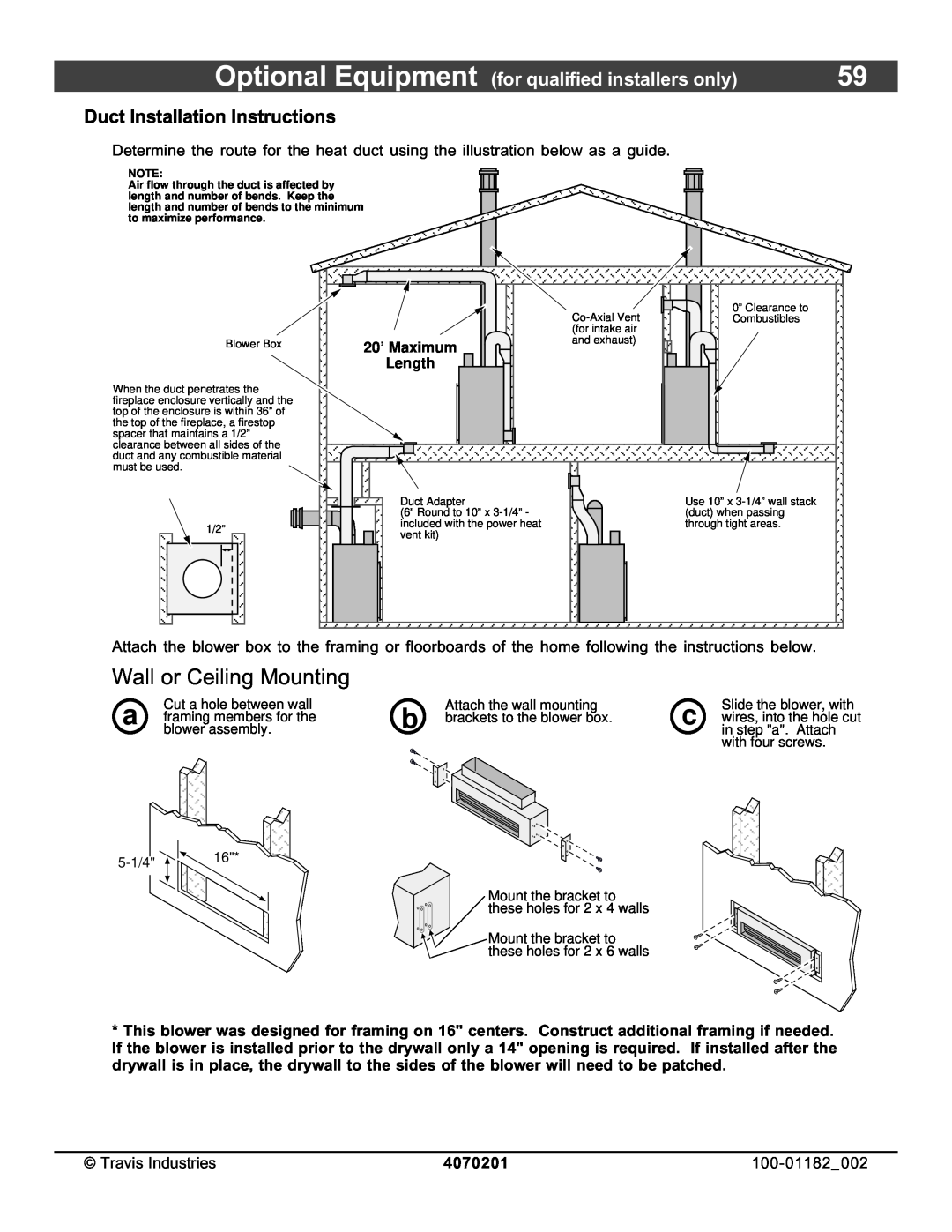 North Star 864 HH installation manual Wall or Ceiling Mounting, Duct Installation Instructions, 4070201 