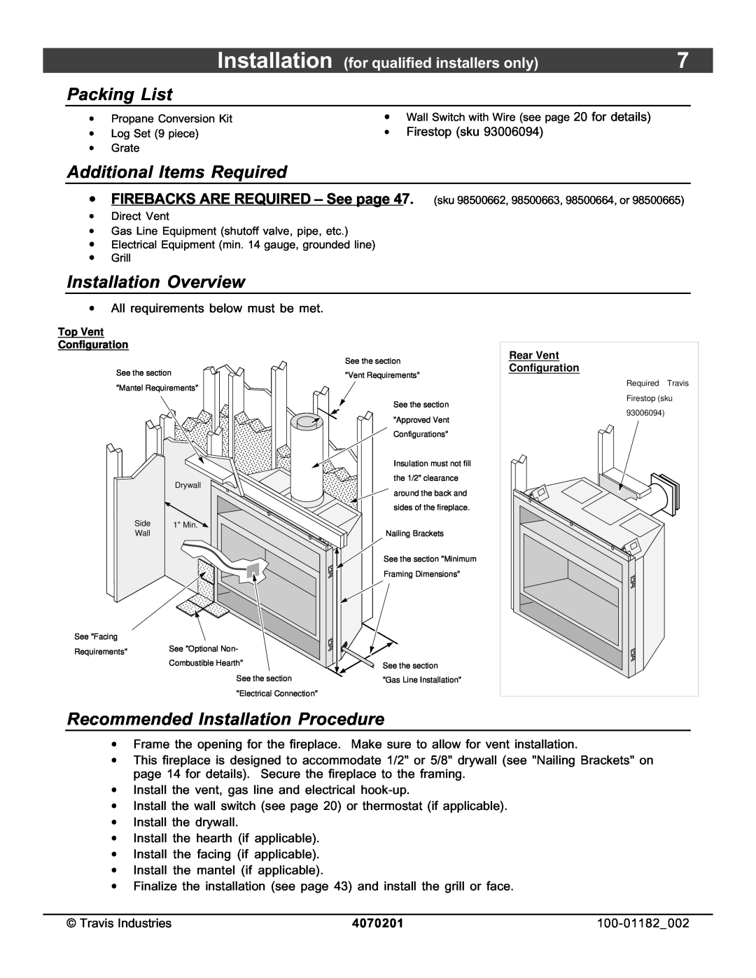 North Star 864 HH Packing List, Additional Items Required, Installation Overview, Recommended Installation Procedure 