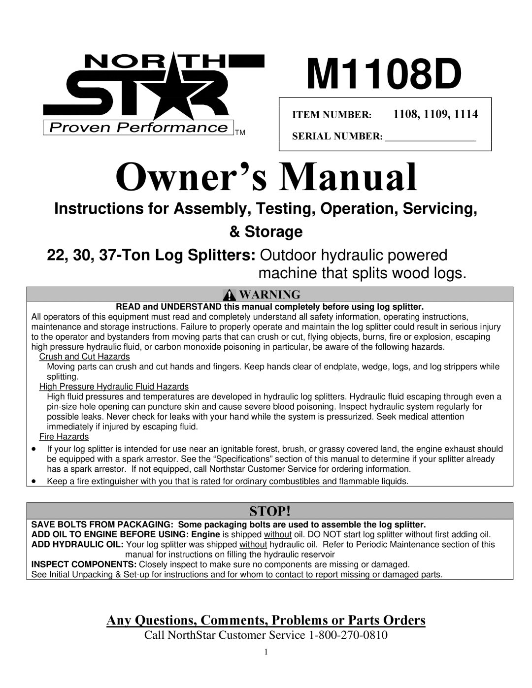 North Star M1108D owner manual 