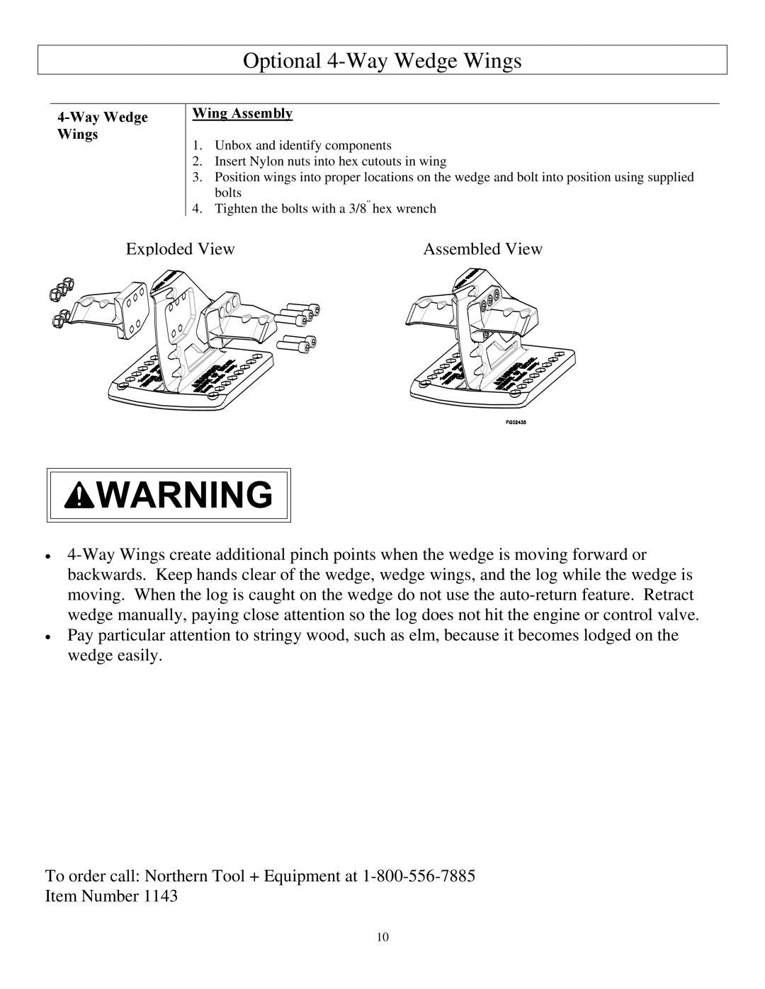 North Star M1108D owner manual Optional 4-Way Wedge Wings, Way Wedge Wings Wing Assembly 