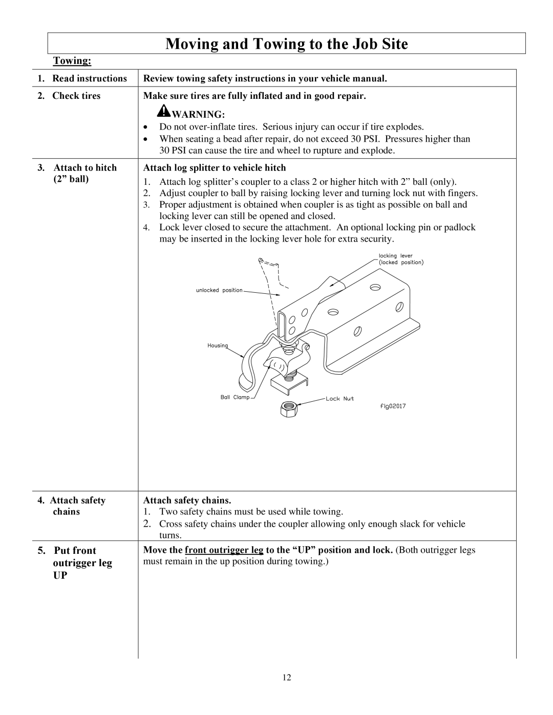 North Star M1108D owner manual Towing, Put front outrigger leg, Attach log splitter to vehicle hitch 