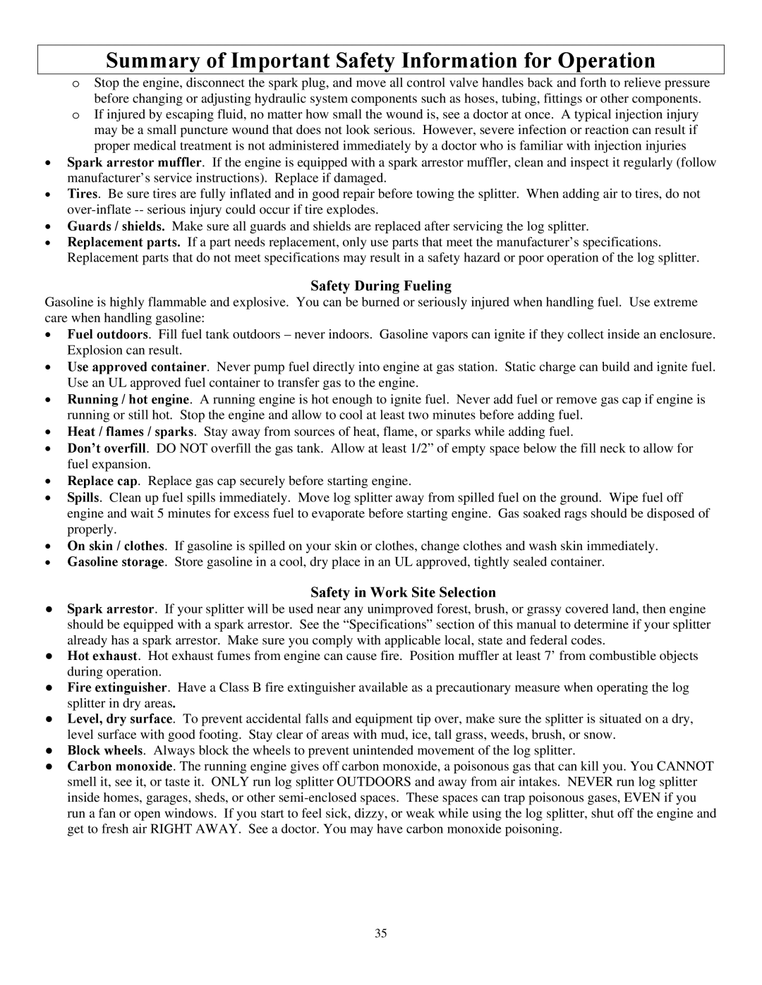 North Star M1108D owner manual Safety During Fueling, Safety in Work Site Selection 