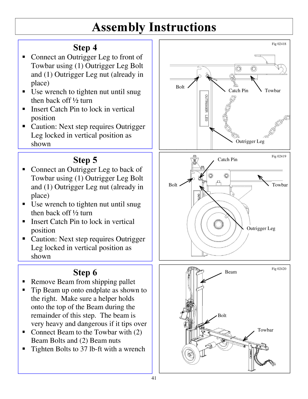 North Star M1108D owner manual Bolt Catch Pin Towbar Outrigger Leg 