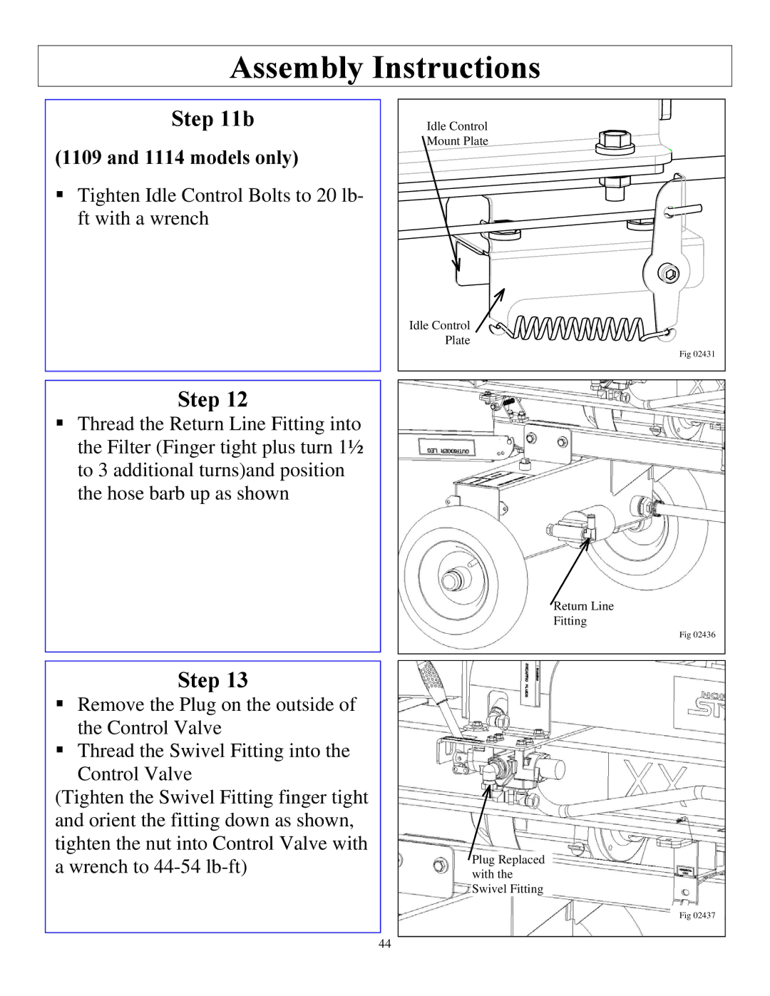 North Star M1108D owner manual Tighten Idle Control Bolts to 20 lb- ft with a wrench 