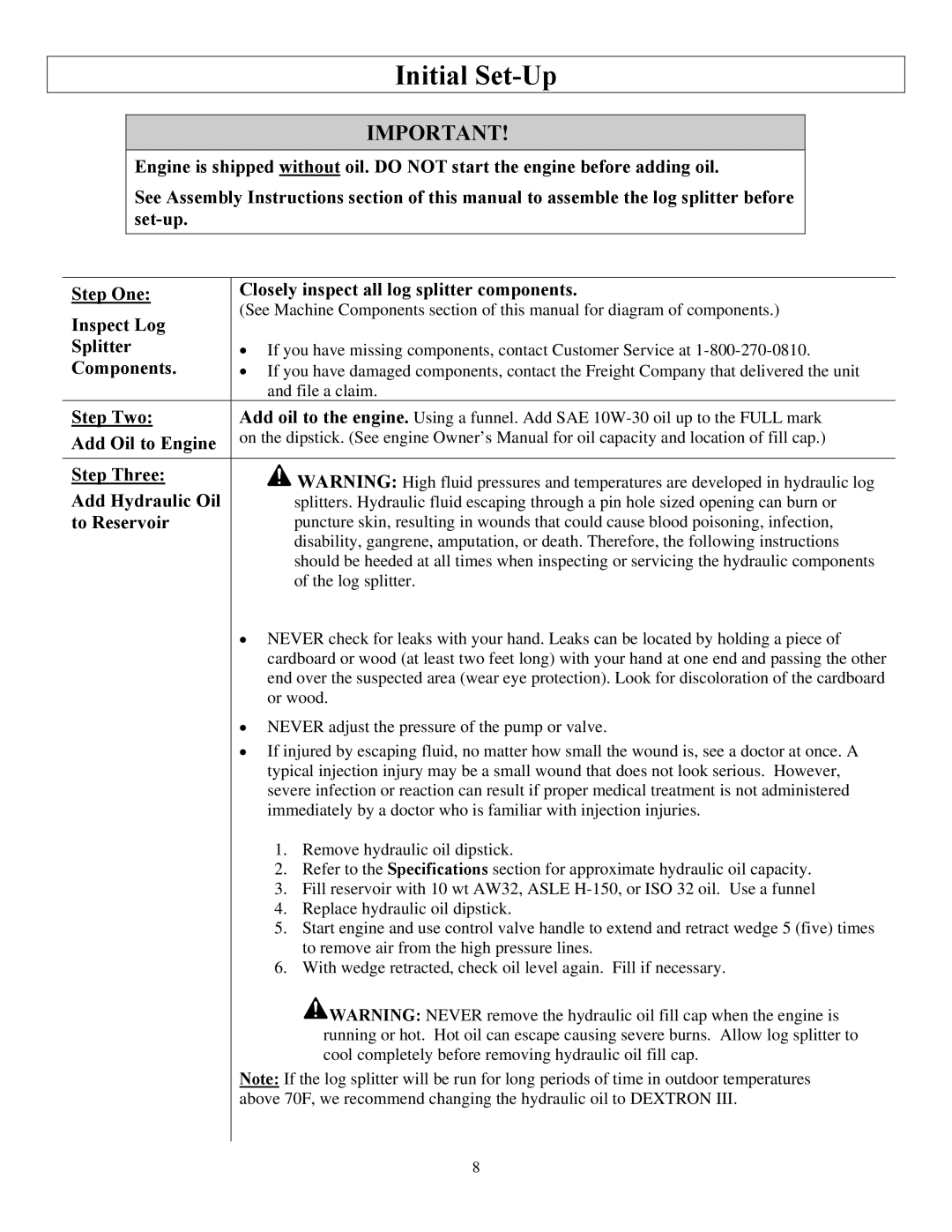 North Star M1108D owner manual Initial Set-Up 