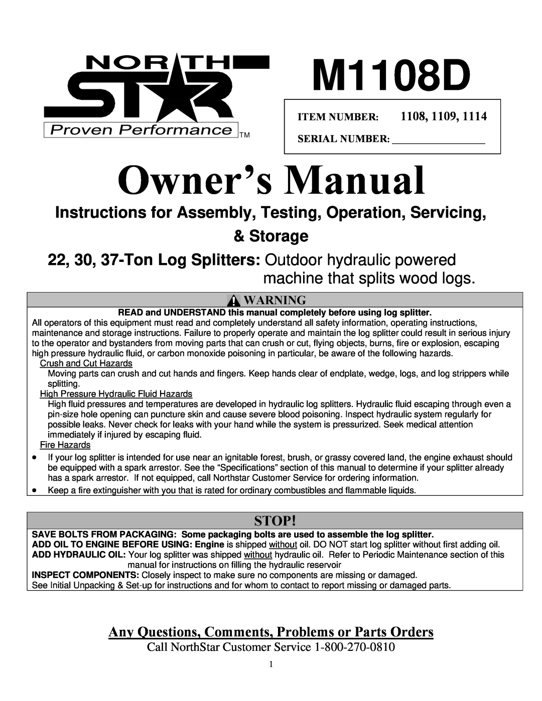 North Star M1108D owner manual Instructions for Assembly, Testing, Operation, Servicing Storage, Stop, Item Number 