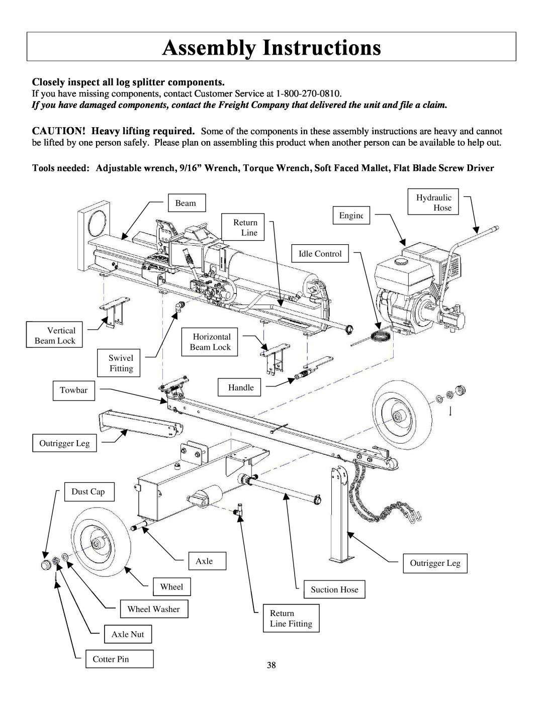 North Star M1108D owner manual Assembly Instructions, Closely inspect all log splitter components, Fitting, Handle, Towbar 