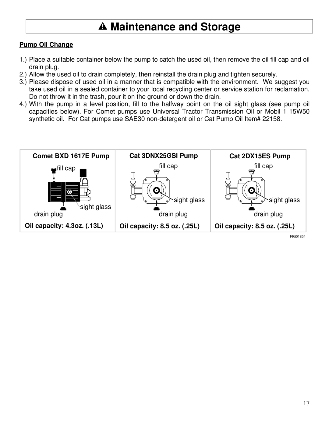 North Star M1573001A owner manual Pump Oil Change, Comet BXD 1617E Pump Cat 3DNX25GSI Pump Cat 2DX15ES Pump 