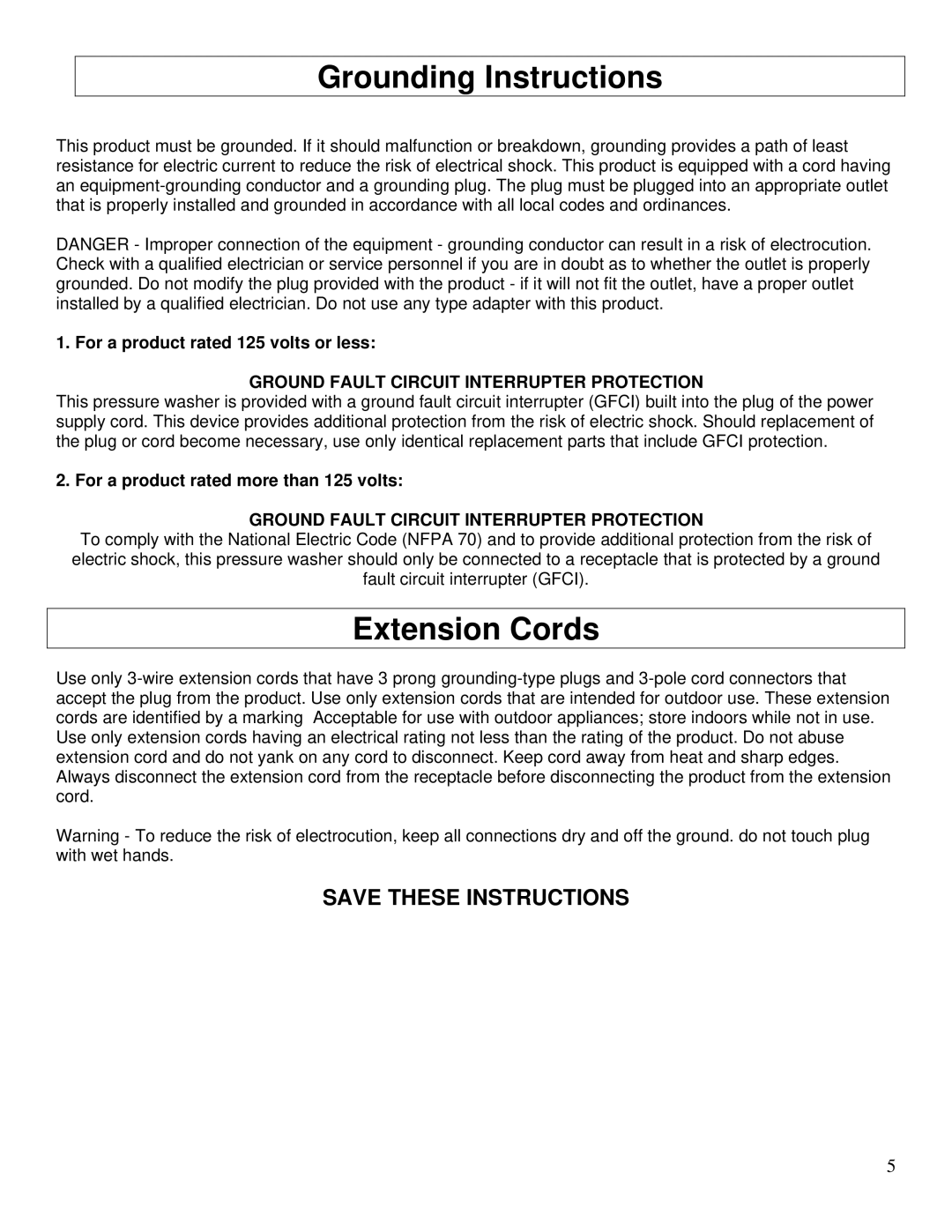 North Star M1573001A owner manual Grounding Instructions, Extension Cords 