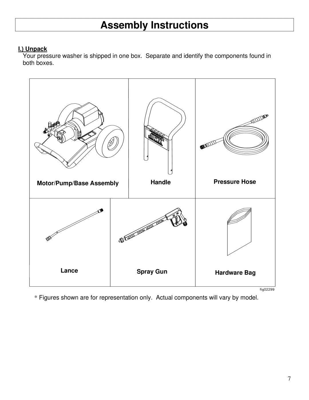 North Star M1573001A Assembly Instructions, Unpack, Motor/Pump/Base Assembly Handle, Lance Spray Gun Hardware Bag 