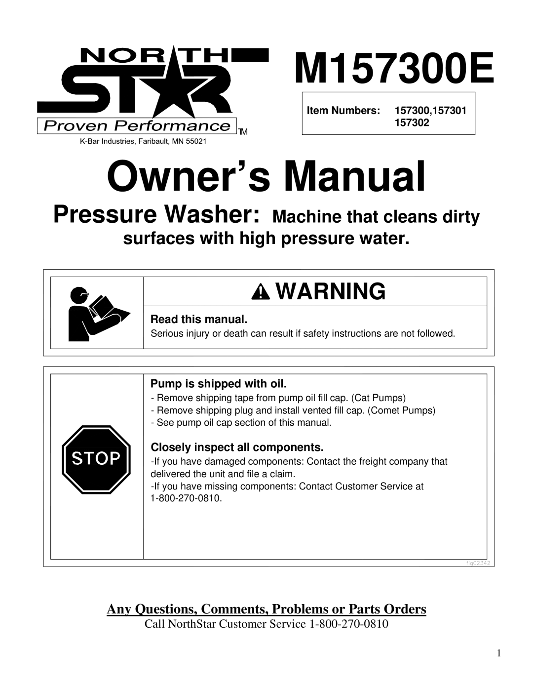 North Star M157300E owner manual Item Numbers 157300,157301 