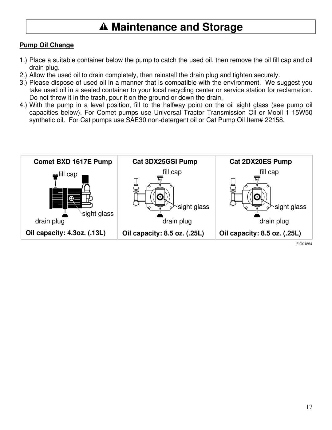 North Star M157300E owner manual Pump Oil Change, Comet BXD 1617E Pump Cat 3DX25GSI Pump Cat 2DX20ES Pump 