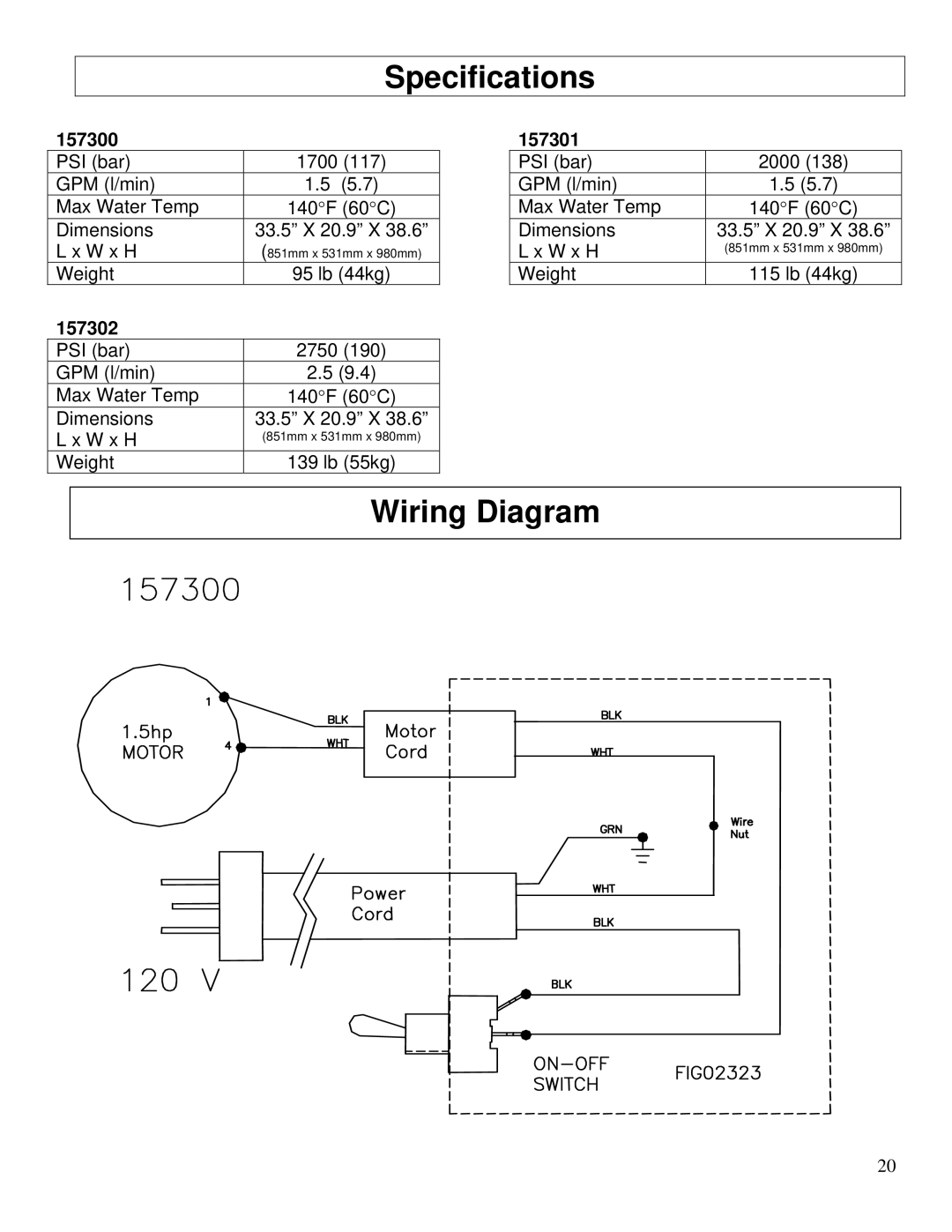 North Star M157300E owner manual Specifications, Wiring Diagram, 157301, 157302 