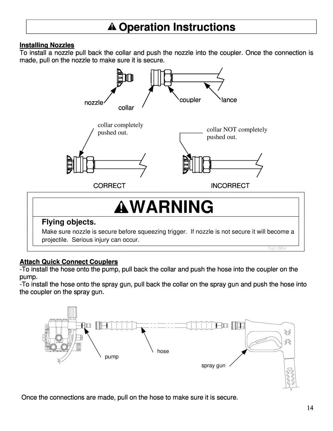 North Star M157300E owner manual Operation Instructions, Flying objects, Installing Nozzles, Attach Quick Connect Couplers 