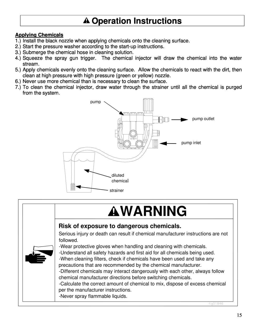 North Star M157300E owner manual Operation Instructions, Risk of exposure to dangerous chemicals, Applying Chemicals 